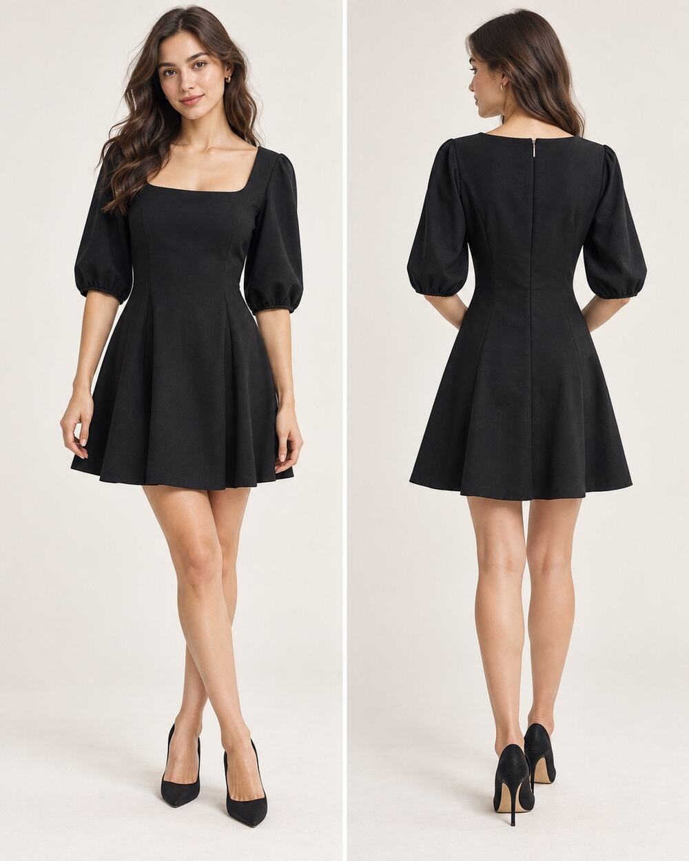 Kate Spade New York Black Fit & Flare Dress Puff Sleeve Square Neck LBD
